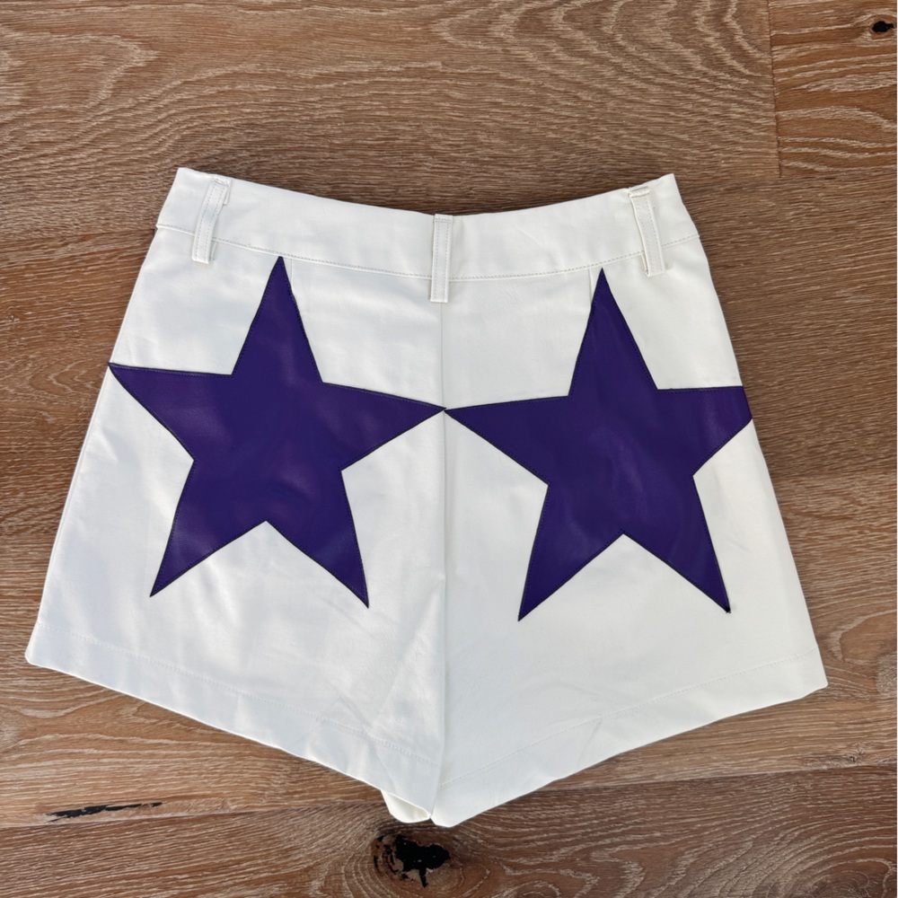 White Pleather Mini Shorts With Purple Stars